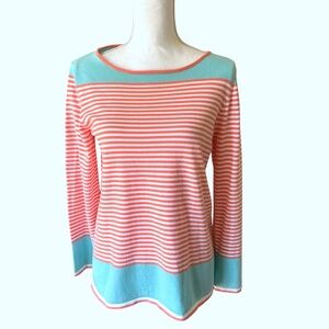 SAIL TO SABLE Coral and Aqua Blue Striped Pullover Sweater Women's Size M